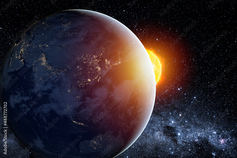 Poster planet earth planet in deep space against blue nebula and glowing hot sun. outer space dark wallpape