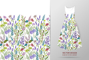 Seamless pattern. Simple flowers. Bouquets of wildflowers. Flower meadow. Hand drawn illustration.