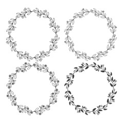 Set of hand drawn doodle round floral wreaths frames. Flower line and leaf circle frames design elements for wedding, mothers day, birthday, invitations.