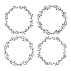 Set of hand drawn doodle round floral wreaths frames. Flower line and leaf circle frames design elements for wedding, mothers day, birthday, invitations.