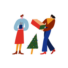 Vector illustration dedicated to winter holidays. Depiction of two girls holding boxes with presents. Festive image for Christmas and New Year celebration. Gift exchange.