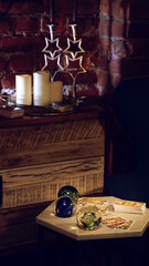 Blurred Tarot cards layout on witch table. Esoteric concept and astrology, Fortune telling tarot predictions background