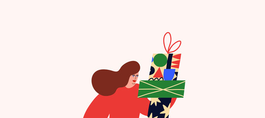 Minimalist vector illustration with a girl holding boxes with presents. Christmas, new year, celebration. Winter holidays. Gifts. Festive image. 