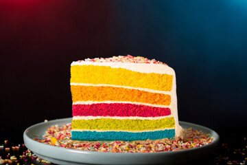 Rainbow cake portion in a studio shot