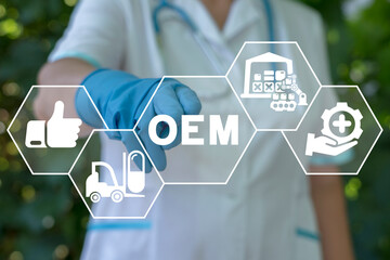 Concept of OEM Original Equipment Manufacturer Health Medications. Pharmacist or doctor using...