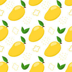 Cute mango with leaves and decorative elements. Seamless pattern. Can be used for wallpaper, fill web page background, surface textures