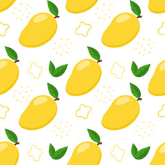 Cute mango with leaves and decorative elements. Seamless pattern. Can be used for wallpaper, fill web page background, surface textures