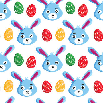 Cute rabbit with Easter colored eggs. Seamless pattern. Can be used for wallpaper, fill web page background, surface textures