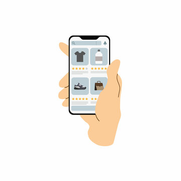 Hand holding smartphone with online shop application. Positive and negative reviews on screen. Testimonials about internet marketplace. Feedback concept. Vector, illustration, EPS, flat.