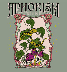 Aphorism.Stay positive and happy.Retro 70's psychedelic hippie mushroom illustration print with groovy slogan for man - woman graphic tee t shirt or sticker poster - Vector - obrazy, fototapety, plakaty