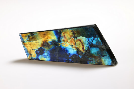 Polished slab of colorful spectrolite, lapidary gemstone from Finland