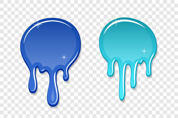 Drip paint spot 3D set isolated transparent background. Blue, turquoise ink splash. Splatter stain texture. Dribble down design. Flow art material. Liquid drop. Fluid spill stain Vector illustration