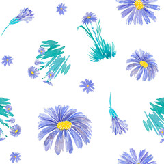 Violet flowers, seamless pattern. Watercolor illustration, hand painting. 