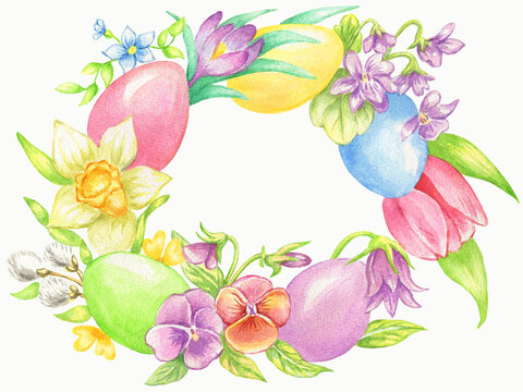 Hand drawn watercolor illustration.Easter wreath.Easter elements.Eggs and spring flowers.For your design.