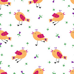 Seamless pattern with cute exotic birds in poses and plants on a white background. Vector hand-drawn illustration.
