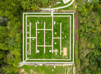 Aerial view of a meteorological garden with many devices for measuring weather phenomena. Equipment on meteorological station to monitor weather events