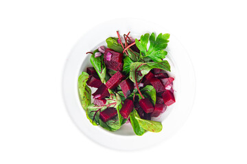 beet salad beetroot, green leaves lettuce fresh dietary healthy meal food diet snack on the table copy space food background 