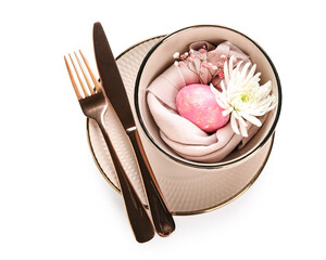 Stylish table setting for Easter celebration on white background, top view