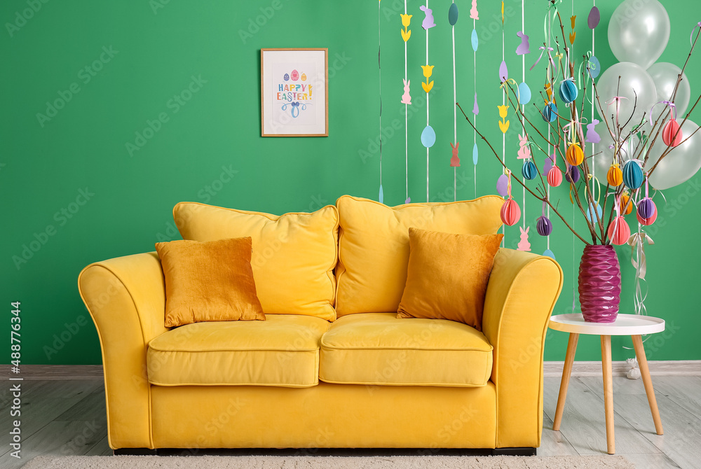 Sticker Interior of room with comfortable sofa and stylish Easter decor