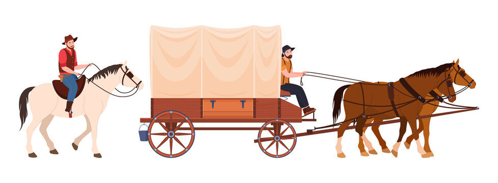 Covered wagon with horses and male riders vector flat illustration Wild West transportation