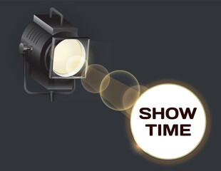 Movie time banner with spotlight for filming actors and film strip on white background. Cinema screening for relaxation and entertainment. Concept of video equipment and light for cinematography