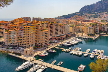 Panoramic aerial view of Fontvieille - district of Monaco-Ville.Luxury yacht moored in the bay of...