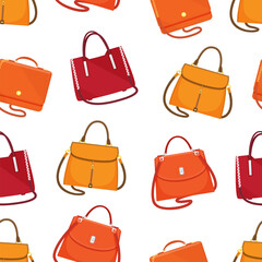 Cartoon set of women bag vector icon isolated on white background seamless pattern. Ladies handbag in flat style. Elegant ladies leather bag, female accessories object, fashion trendy case with handle