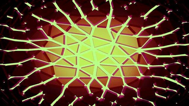 Moving 3d background with glowing cracks. Design. Triangular cracks in 3d platform. Moving area with acid cracks