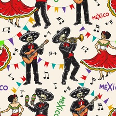 Mexican skeleton musicians seamless pattern