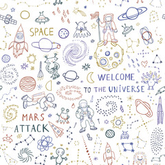 Space planets funny doodle universe objects vector seamless pattern