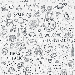 Space planets funny doodle universe objects vector seamless pattern © GooseFrol