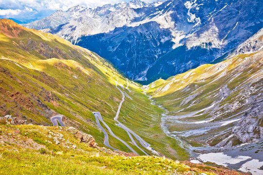 Stelvio mountain pass or Stilfser Joch scenic road serpentines view