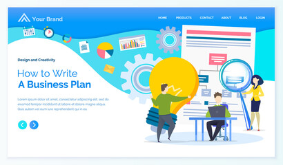 How to write business plan vector. Business meeting of partners working with strategy planning. Man and woman with electric bulb idea symbol. Website or webpage template, landing page flat style