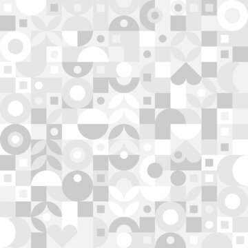 Trendy vector abstract geometric background with circles in Scandinavian retro style, seamless cover. Graphic pattern of simple shapes in gray tones, abstract white mosaic.