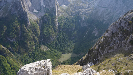 Mountain peaks during autumn season in the Prokletije National Park near the Grebaje Valley of Montenegro
