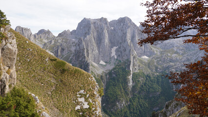 Mountain peaks during autumn season in the Prokletije National Park near the Grebaje Valley of Montenegro