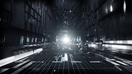 Reflective or chrome style futuristic sci-fi corridor or pathway background with exit or incoming light ahead. Abstract cyber or digital pathway concept. 3D illustration, 3D rendering. © killykoon