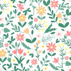 Spring floral seamless pattern. Background of greenery, flowers and herbs. Template for fabric, paper, wallpaper vector illustration