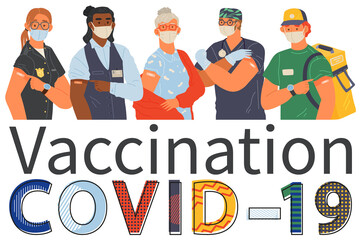 Stop coronavirus agitation concept. Vaccination promo, immunization of workers. Vaccine saves lives. People wearing protective mask showing their arm with bandage after receiving covid-19 vaccine