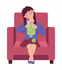 Little girl knits. Baby is sitting in the armchair and holding knitting needles in her hands. Illustration  in flat style on a white background