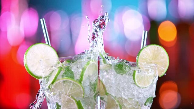 Super slow motion of mojito drinks in cheers gesture. Filmed on high speed cinema camera, 1000 fps.