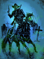 An undead cowboy sits astride an undead horse, holding a revolver in his hand