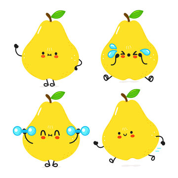 Funny cute happy pear characters bundle set. Vector hand drawn doodle style cartoon character illustration icon design. Cute pear mascot character collection