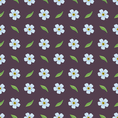 Seamless pattern with small blue forget me not flowers and leaves. Field flowering plants on dark background. Romantic decoration print for wedding and design. Vector flat illustration