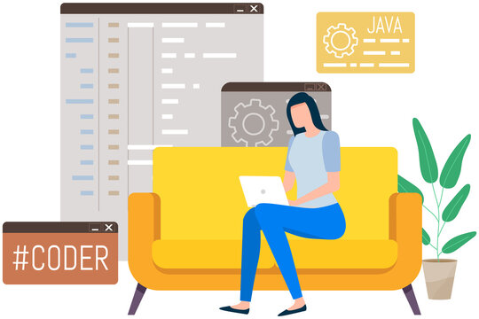 Woman working with laptop and computer at home. Software developer programmer or system administrator with PC. Technical specialist at workplace. Young girl coder sitting on couch typing java language