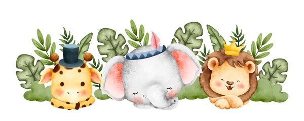 Watercolor happy cute safari animals banner  © Stella