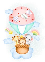Watercolor safari animal flying with hot air balloon  © Stella