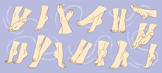Colorful sketches collection of woman's feet with pink nails on a blue background. Image for a beauty salon. Vintage illustration, hand-drawn, vector. Fashion illustration. 