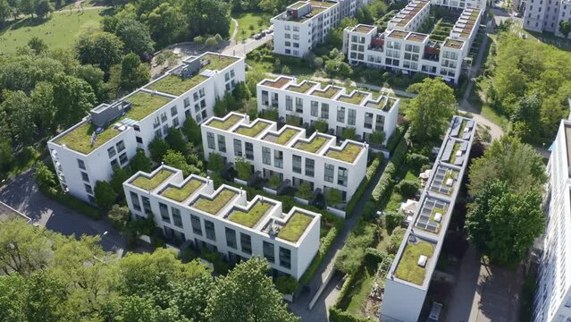 Aerial drone flight over modern houses in Dresden Saxony Germany