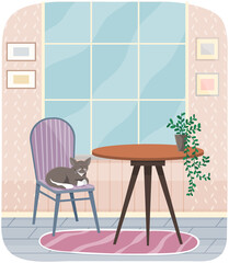 Interior of room, cat sitting on chair, striped carpet and large window. Living room interior with cozy furniture and small kitten. Arrangement of comfortable furniture and decorations in apartment